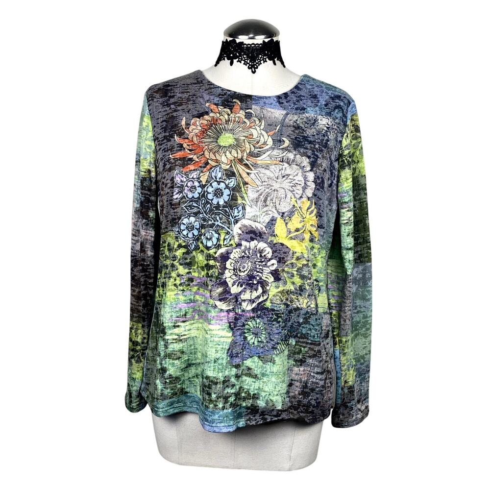 Coldwater Creek Patchwork Hippie Boho Fairy Floral AOP Print Long Sleeve Top S